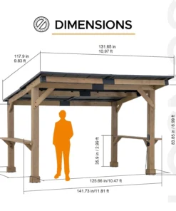 SUNJOY 10 ft. x 12 ft. Matte Black Cedar Framed Wooden Gazebo