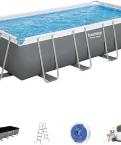 Bestway Power Steel 18′ x 9′ x 48″ Rectangular Metal Frame Above Ground Outdoor Swimming Pool Set with 1,500 GPH Filter Pump, Ladder, and Pool Covers - Image 4